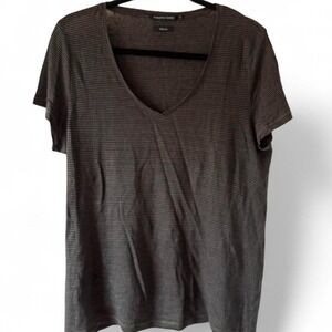 Monoprix Femme Womens 100% Linen V-Neck Striped T-Shirt Brown Black Size 3 M L
